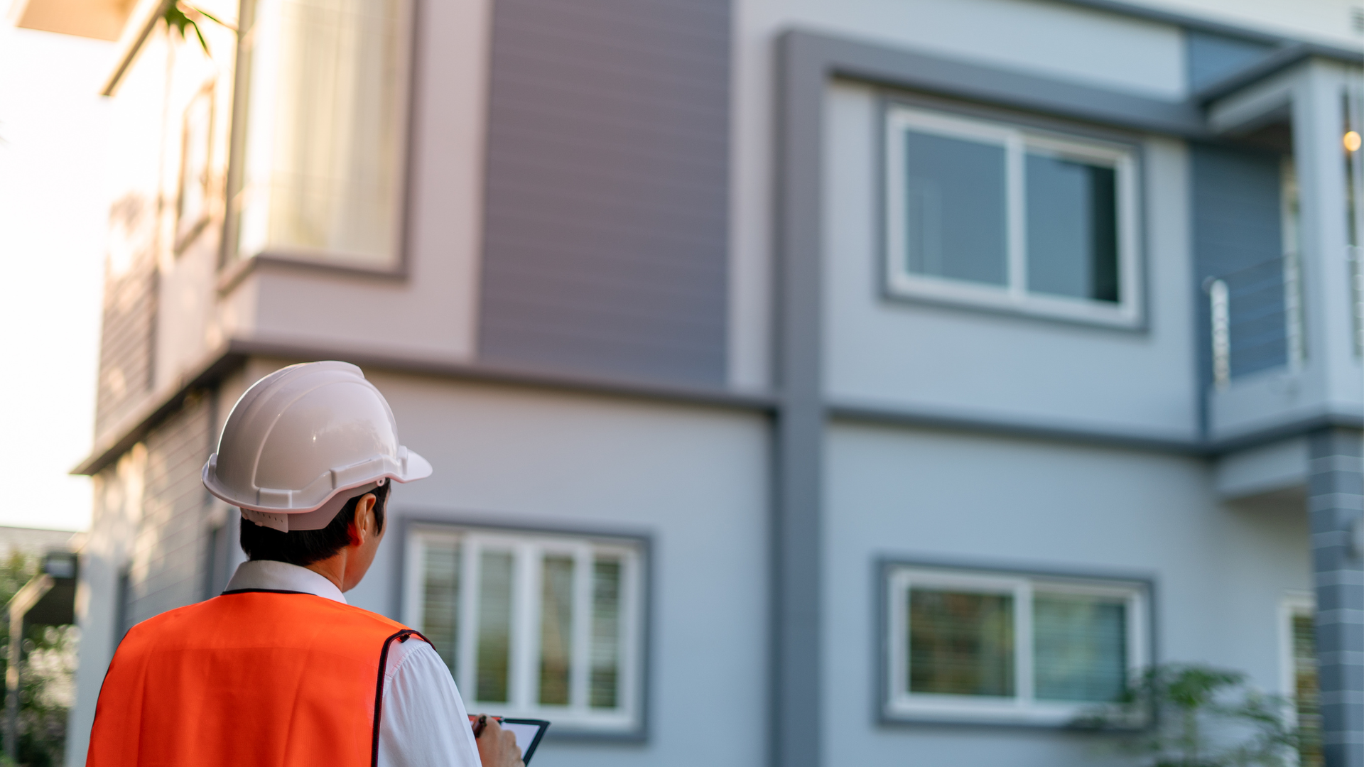 Property inspector wearing a white hard hat and orange safety vest, holding a tablet, standing in front of a modern residential building during an inspection.